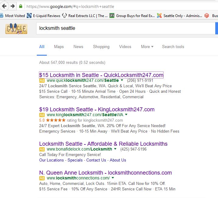 Google Search for locksmiths in Seattle 1